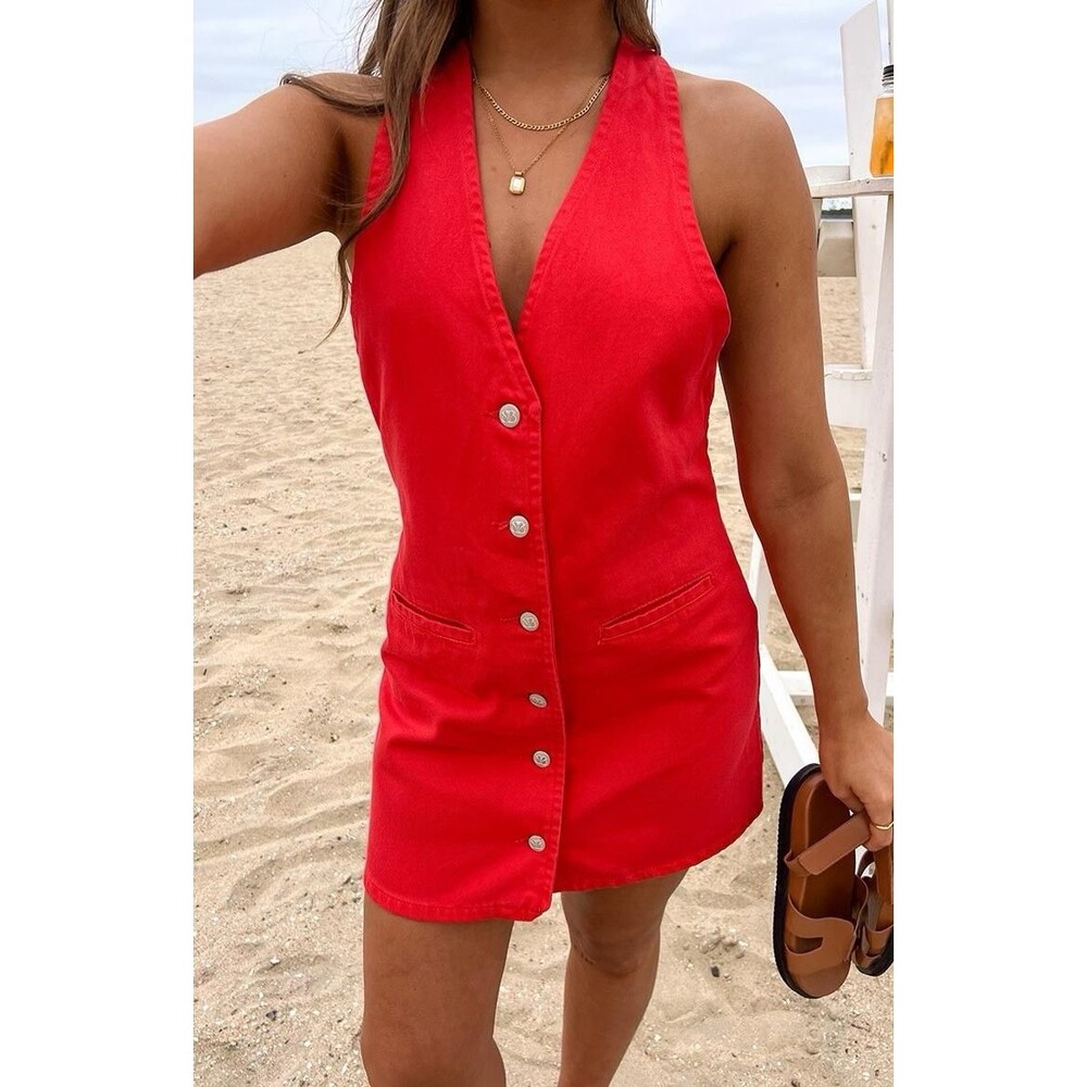 Beginning Boutique Red Button-Front Mini Dress